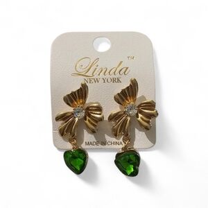 Gold and Green Heart Earrings